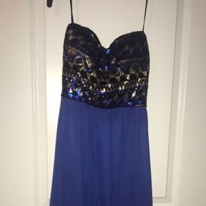 Navy Blue and Gold Strapless Dress